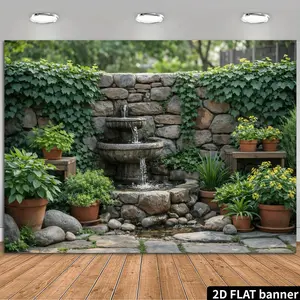 2D Flat Banner Polyester Photography Backdrop, HD Digitally Printed Garden Fountain Stone Wall botanical Plants Wooden Floor Pattern Background Cloth, Soft Lightweight Foldable Machine Washable Photo Studio Background for Wedding