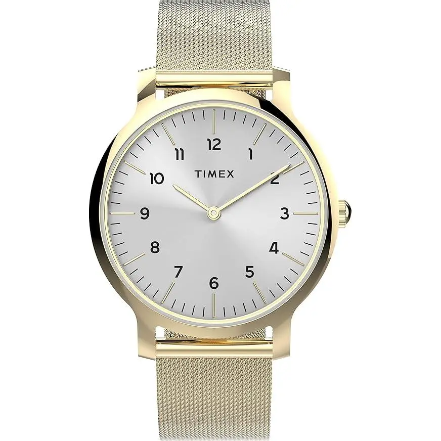 Timex Gallery Norway 34mm Gold Mesh Ladies Watch TW2U22800, Round Face, Water Resistant, Gold-Tone, Clean Dials, Minimalist, Steel Strap