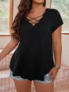 【Plus Size】 Solid Color Tee, Casual Short Sleeve T-shirt for Summer, Women's Plus Clothing for Daily Wear