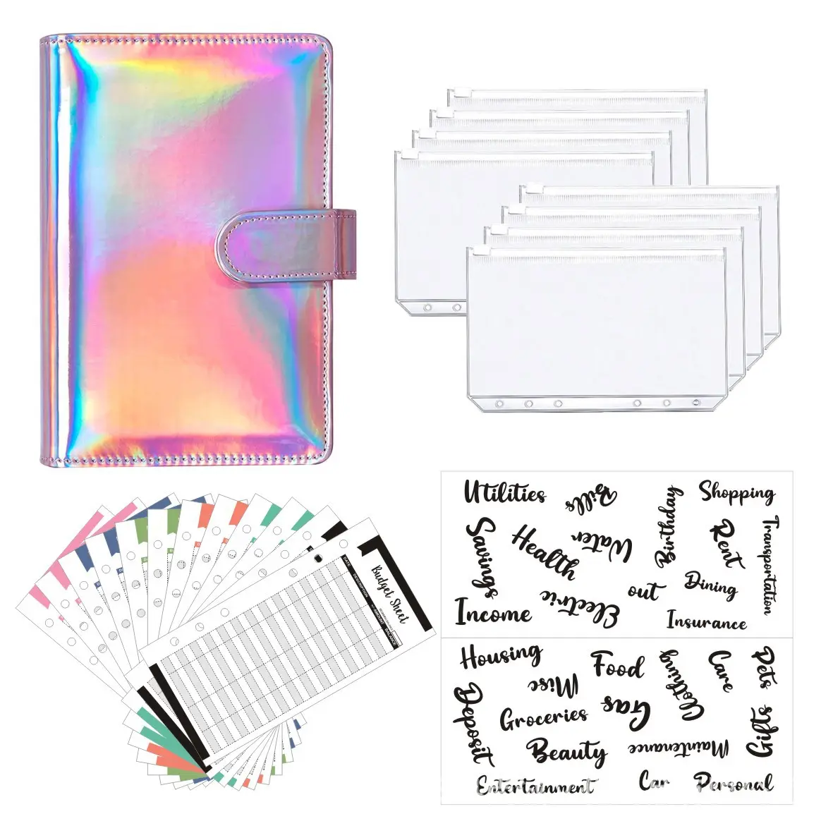 A6 Saving Binder Bundle with Matching Personalised Wallets -  Decor, Piggy, Ornaments[Includes 12 color budget sheets + 8 clear zippered pouches + 2 English word labels]
