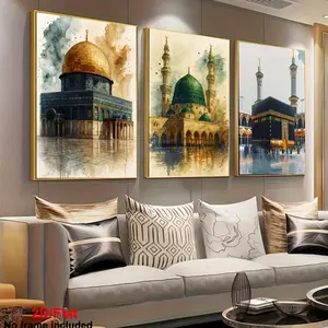 3pcs Living Room Decorative Paintings, 2D Frameless Canvas Paintings, 3 Pieces Islamic Wall Art Home Decoration Mecca Kaaba, Al-Aqsa Mosque, and Medina Mosque Prints Islamic Art