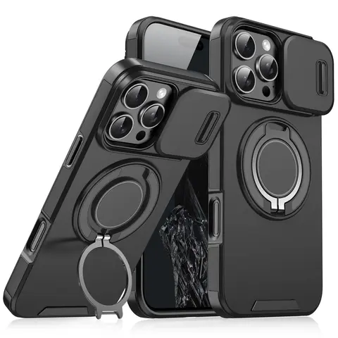Heavy Duty Military Grade Shockproof Plastic Shell Smartphone Case for iPhone 13/14/15/16/17/18 Pro Max - Multi-Model Handheld Devices Casing with Camera Lens Protection, 360° Rotating Ring Kickstand, Wireless Charge Alignment | Phone Accessories