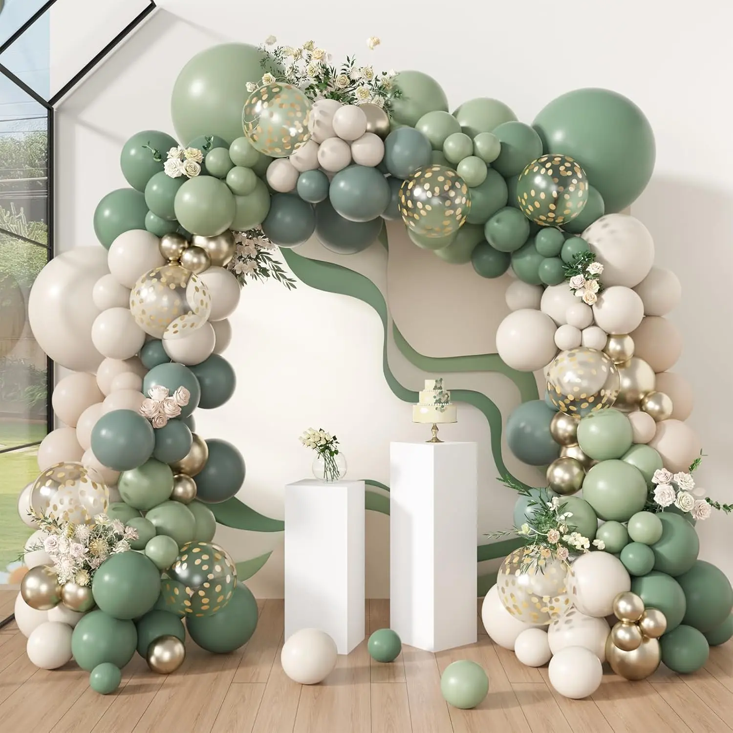 173Pcs Dusty Green White Sand Balloon Arch Garland Kit, Beige Cream Mist Olive Light Sage Green Gold Confetti Balloons for Birthday Shower Woodland Wild One Wedding Party Decorations