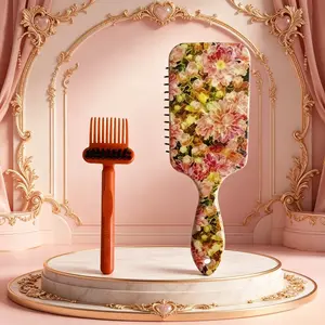 Floral Print Cushioned Hair Comb Set + Brush, Convenient Cleaning Tool, Pain-Free Detangling, Reduces Pulling Sensation