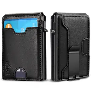 Minimalist Wallet for Men Slim Leather Credit Card Holder RFID Blocking Bifold Wallet Pop-up Case with Money Clip