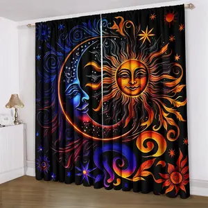 Boho Style Sun & Moon Pattern Curtain, 2 Counts/set Colorful Art Pole Pocket Country Style Cottage Living Room Bedroom Curtain, Window Curtain, Home Decor
