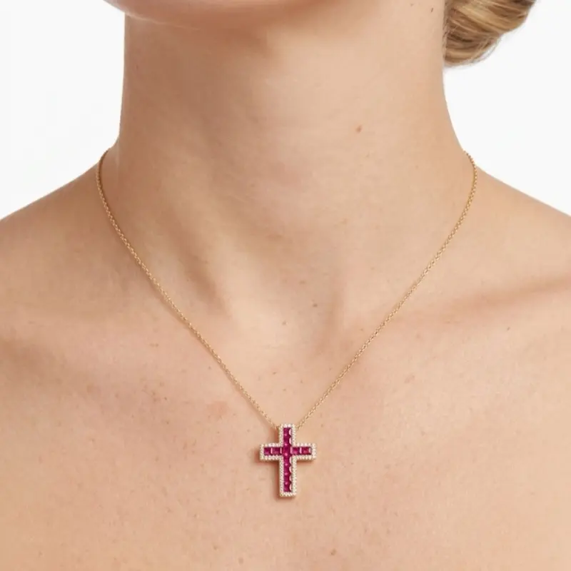 14k Ruby & Diamonds cross necklace