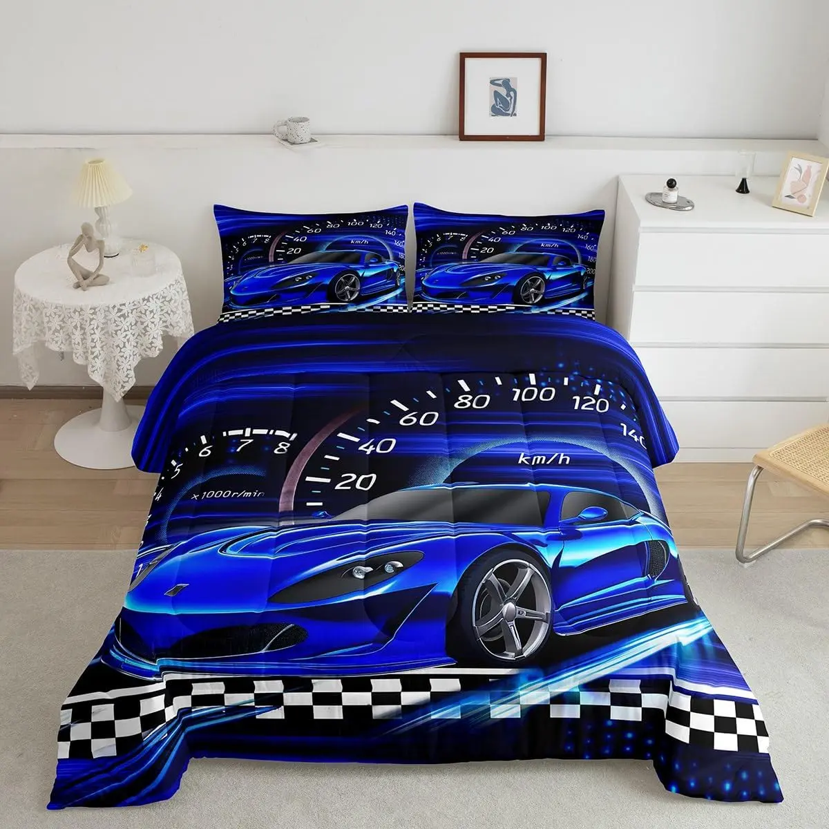 Feelyou Blanket Bedding Set - Reversible King Duvet Set (Twin/Full/RV Sizes), Microfibre Breathable Fabric, Blue-Black Ombre Digital Print Car Themed Blanket, Guest Room Use, Machine Wash & Tumble Dry Low Compatible