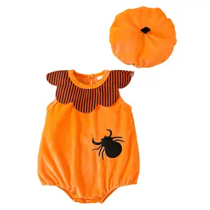 My First Halloween Baby Girl Outfit Pumpkin Newborn Sleeveless Bubble Romper Overalls  Striped Jumpsuit