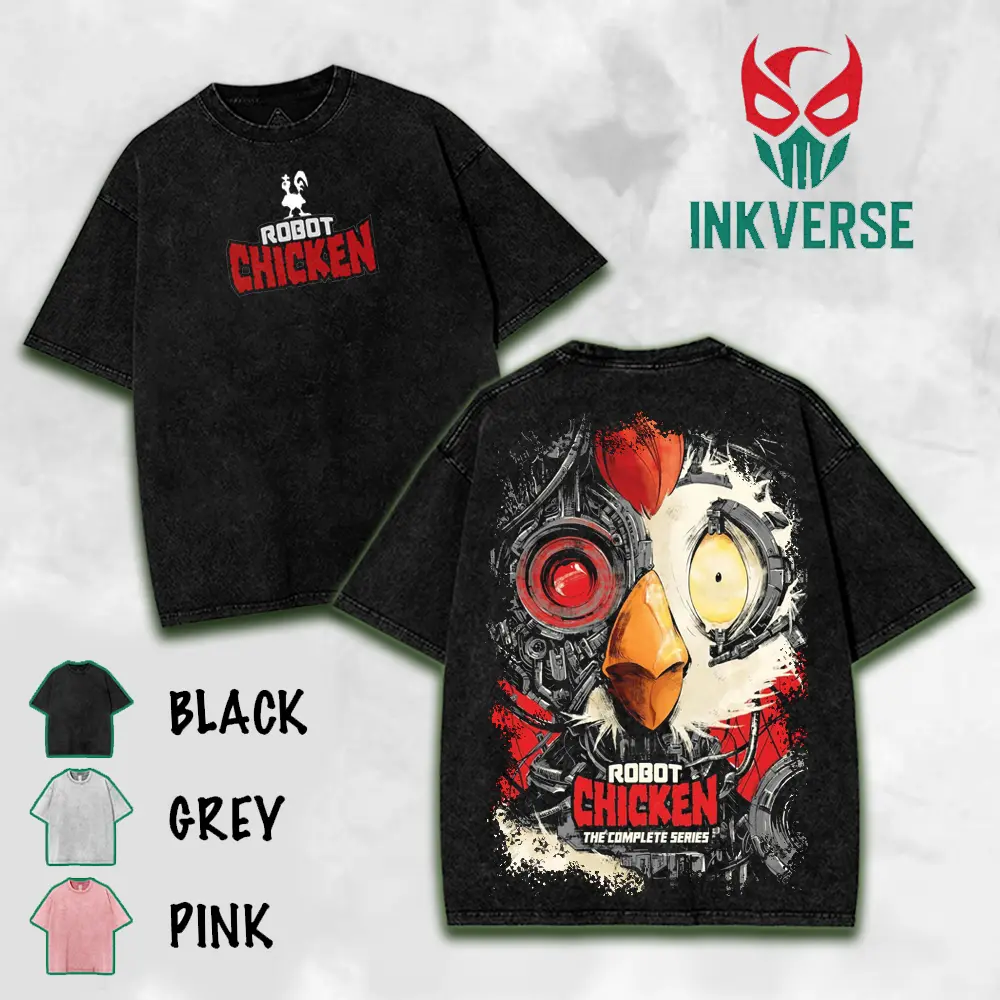 Robot Chicken Washed T-shirt, Hoodie, Sweater Game Cotton,Graphic Tee, Cartoon Double Printed Vintage Washed Tee Cotton T-shirt Fabric Menswear Top Collar