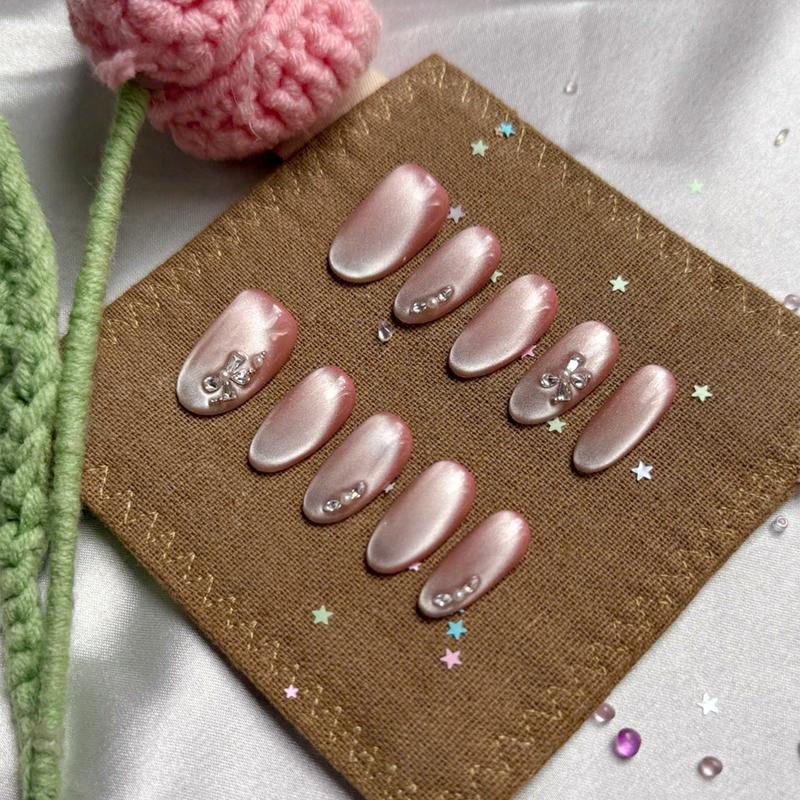 Custom Pearl Pink Press On Nails | Cat Eye Shimmer Nails | Elegant Rhinestone Accents | Personalize Long Oval Nail Design