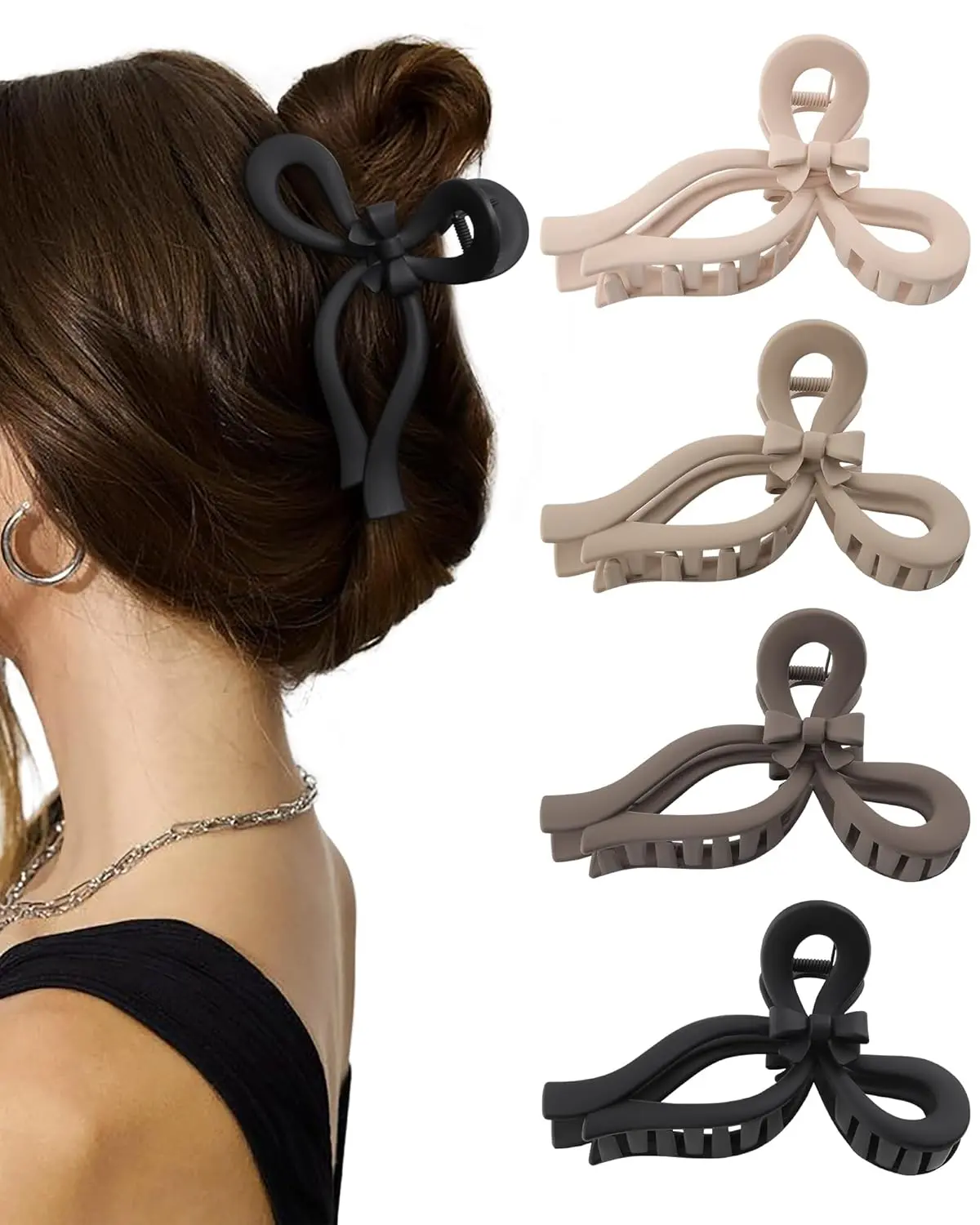 4 PCS Bow Hair Clips for Women Bow Claw Clip 5" Large Hair Claw Clips for Thick and Thin Hair Cute Bows Jaw Clip (Dark Apricot + Khaki + Coffee + Black)