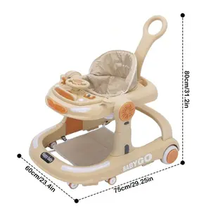 Foldable Baby Walker for 6-18 Months, Coffee Brown, 1-Touch Folding, Adjustable 5-Speed Height, Anti-Collision Design, Brake, Play Set, Floor Mat, Large Dinner Plate