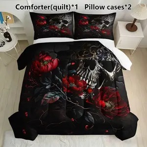 Gothic Skull & Peony Bedding Set, 1 Comforter + 2 Pillowcases, Dark Floral Decor, Synthetic Fiber, No Ca Prop 65