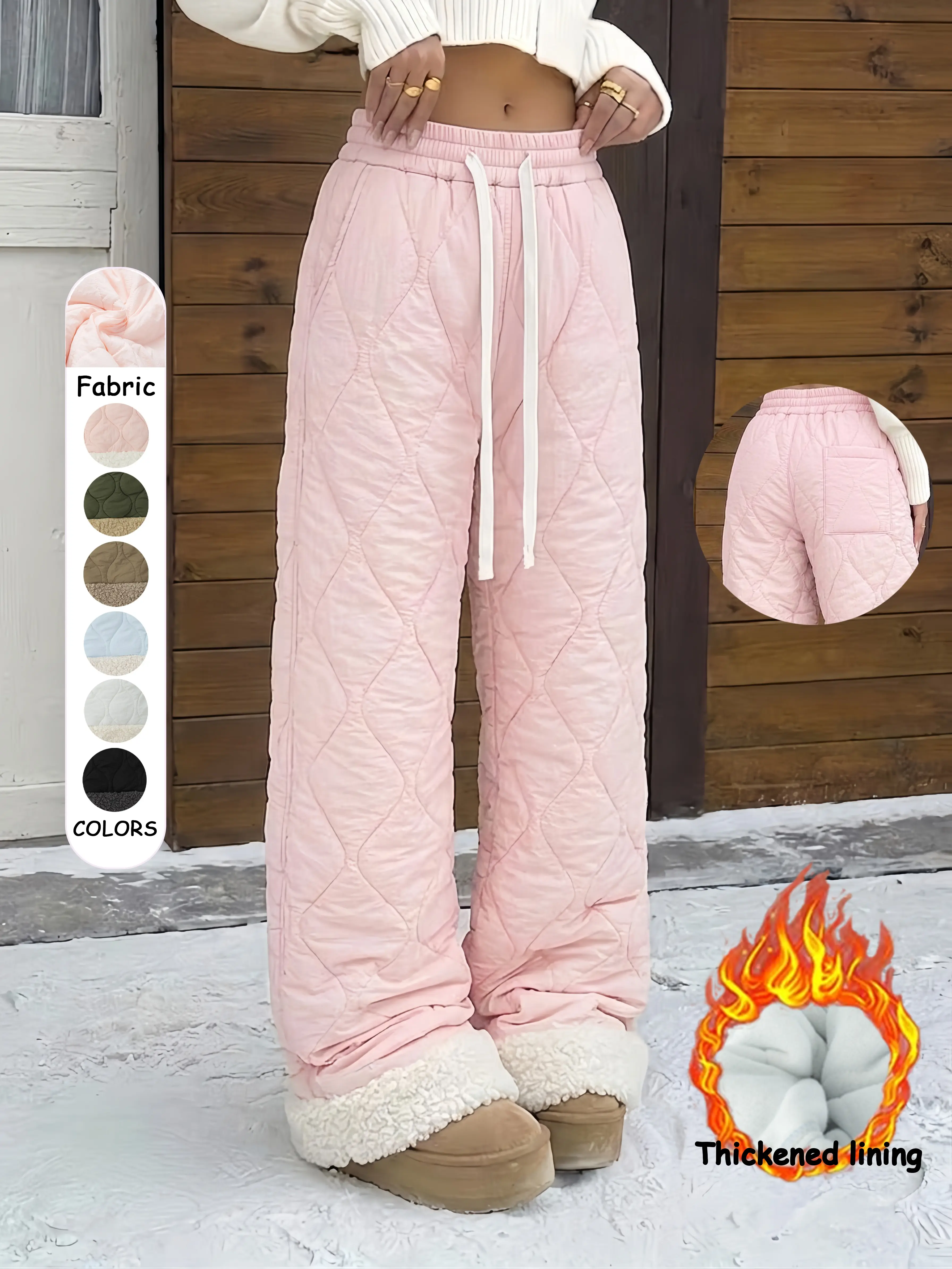 Women’s fleece-lined padded winter pants, loose fit, warm casual trousers with elastic cuffs, suitable for everyday wear and outdoor activities. backtoschool