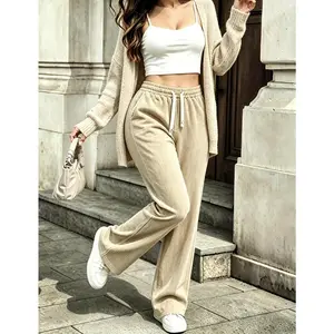 Women's Vintage Corduroy Straight Leg Bottoms Lightweight Minimalist Elastic Drawstring Waist Retro Patch Pockets Soft Breathable All-Season Casual Joggers Street Style Daily Wear SummerVibes