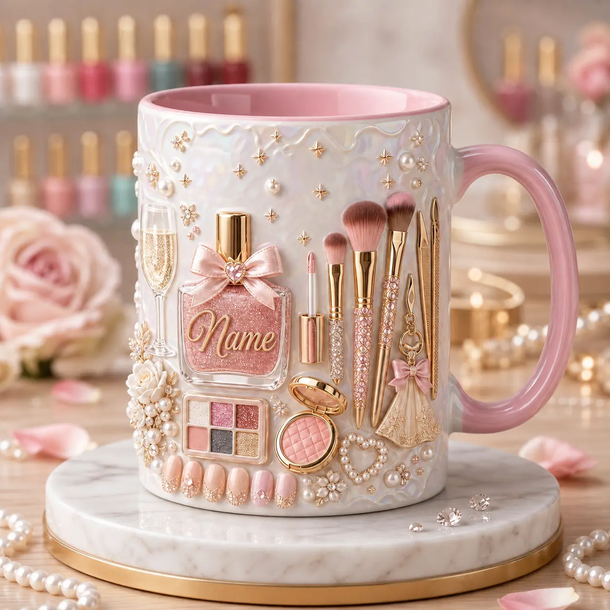 ink Makeup Mug 2D Printed 3D Effect, Personalized Ceramic Coffee Cup with Beauty Brushes, Lipstick, Perfume Bottle, Cute Gift for Women Her