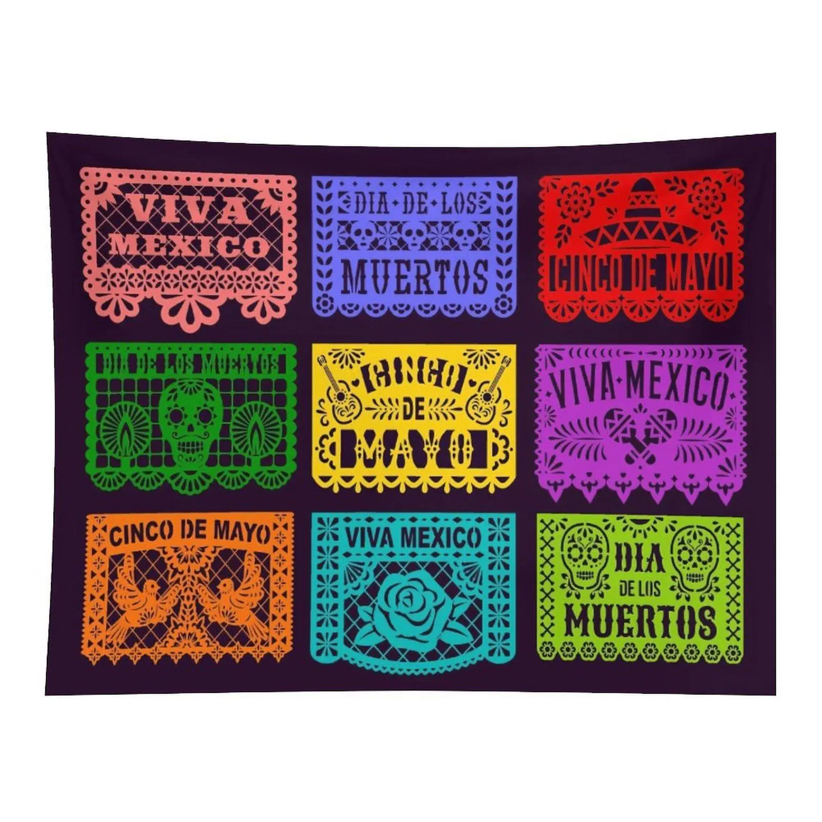 Mexican Papel Picado Colorful Skull Flower Cinco De Mayo Dia De Los Muertos Wall Tapestry Wall Hanging, Traditional Folk Holiday Fiery Party Decor for Festival Dorm Ornament