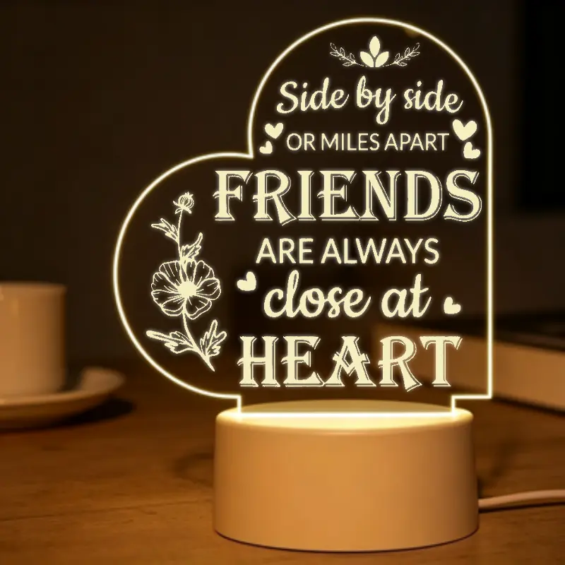 2D Heart-Shaped Acrylic LED Night Light Floral Engraved Table Lamp Friendship Gift for Best Friend Side By Side Or Distant Apart Quote Christmas Birthday