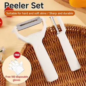 2-in-1 Vegetable Peeler & Shredder, Dual-Head Multifunctional Kitchen Peeler for Potato, Carrot, Apple – Effortlessly Peel & Slice Veggies, Fruits – Bonus 100 Disposable Gloves