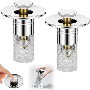 2Pcs 304 Stainless Steel Pop-Up Drain Plug, Removable Hair Strainer Basket, Brass Handle Sink Stopper for Bathroom Shower Tub Drain