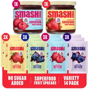 Superfood Jam Bundle – 2 Jars in Strawberry & Raspberry + 12 Assorted Squeeze Packs, No Added Sugar, with Dates & Chia Seeds