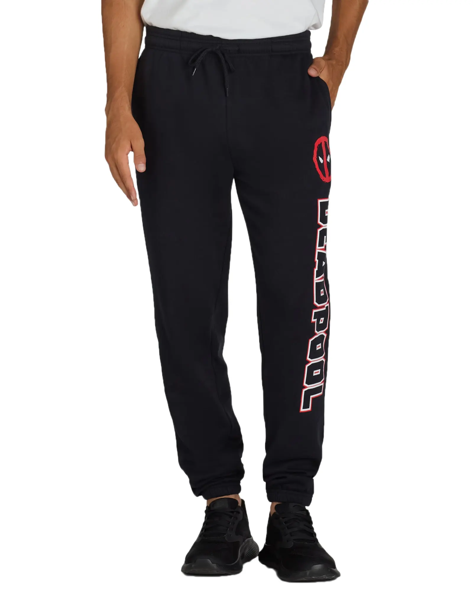 Marvel Deadpool Men's Solid Cotton Fleece Sweatpants, Logo Design Jogger Lounge Pants with Utility Pocket, Loose-Fitting, Relaxed