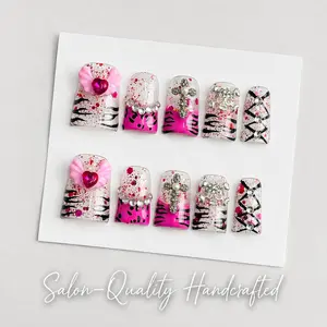 Press on Nails, Short Duck Nails, 2 Inches, Y2K Red Splatter Clear Base, Hot Pink Accent, Black Zebra Stripe, Rhinestone Glitter, Corset Lace, 3D Silver Cross Winged Heart Charms, 10pcs Handcrafted Fake Nails S/M/L