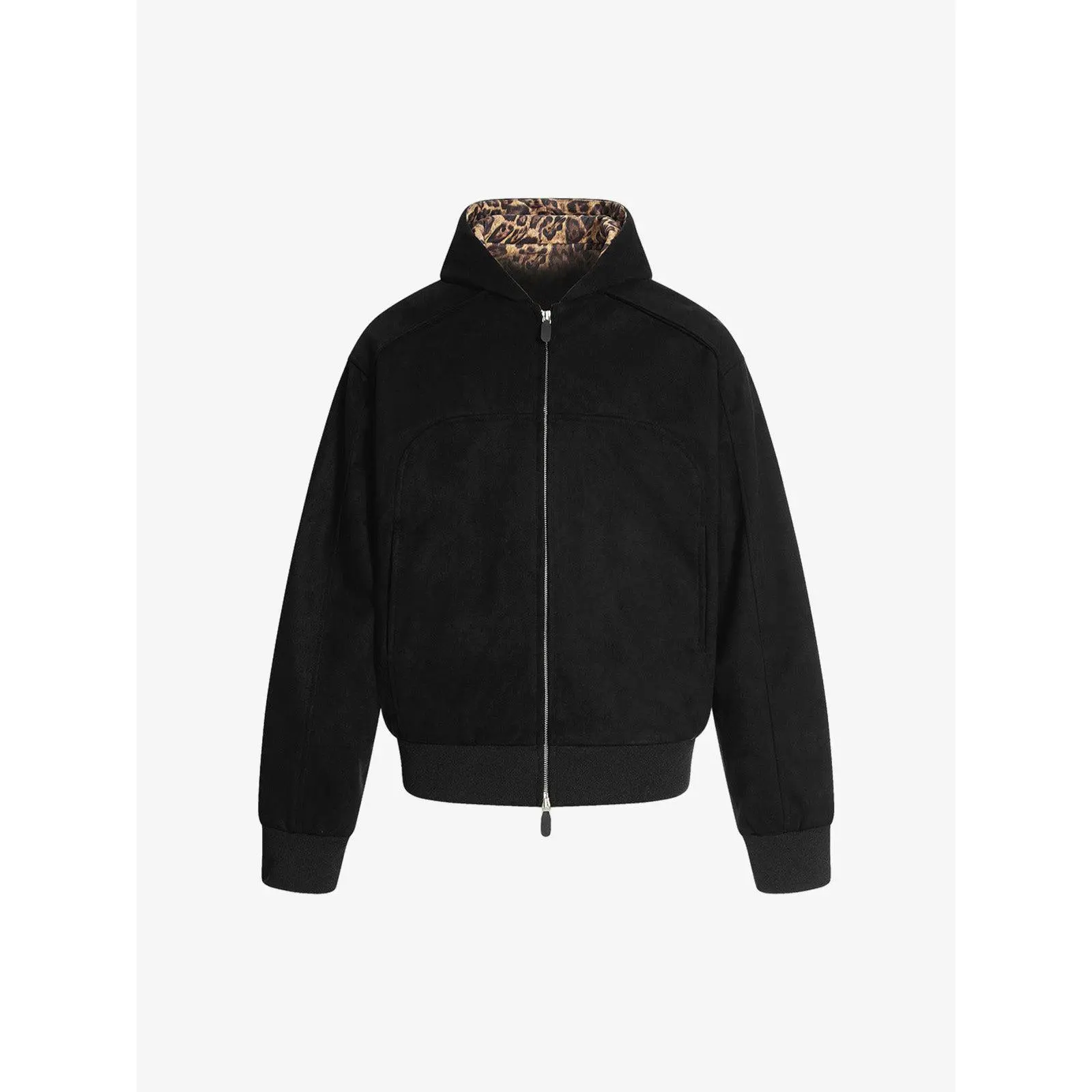 Supermade Men's Stylish Suede Bomber Jacket - Black Menswear Top, Casual Paneled Coat with Bold Leopard Print Collared Neck, Front Zipper, Urban Fashion Outerwear