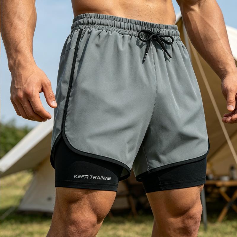 Men’s 2-in-1 running shorts, athletic fitness shorts with pockets, suitable for gym, hiking, and camping