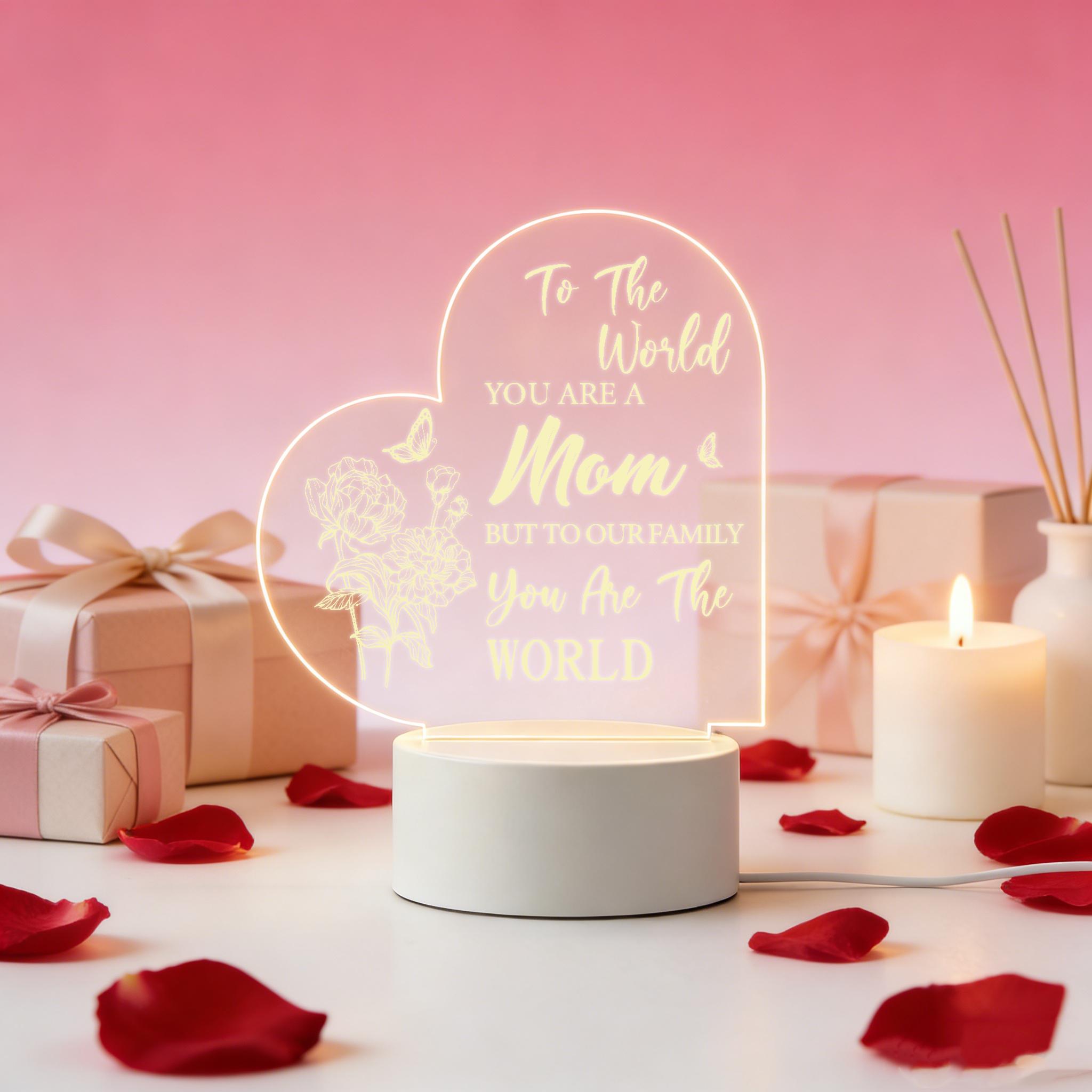 To The World You Are A Mom Heart 2D Acrylic LED Night Light, Warm White USB Bedside Lamp, Mother's Day Birthday Gift for Mom, Bedroom Home Decor