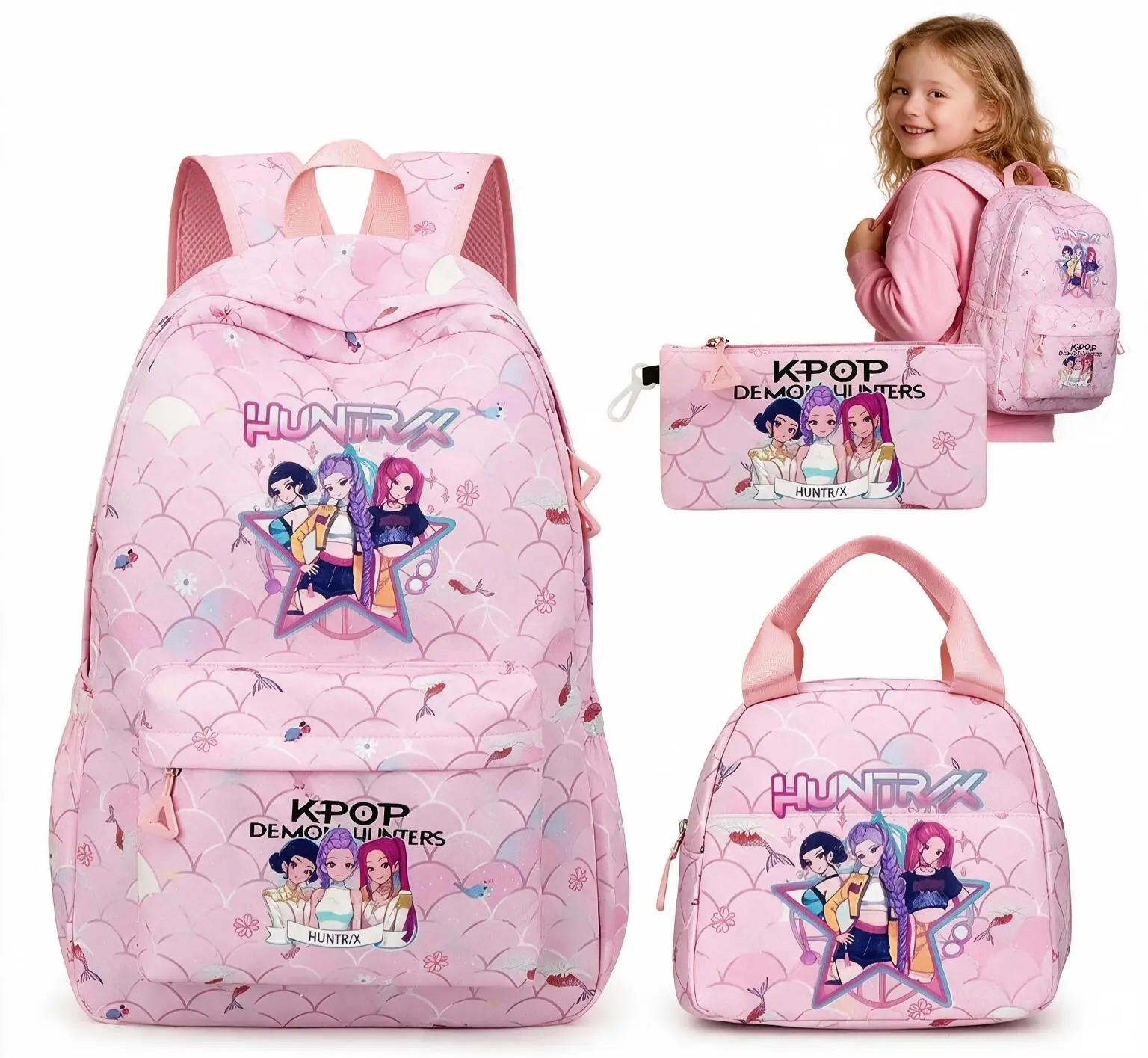 【Birthday Gift】 Cute Cartoon KPop Girls' Group "Hunter" Backpack - Rumi, Mira, Zoey - Hunter Schoolbag, Lunch Bag, Pen Case - 3-piece Set
