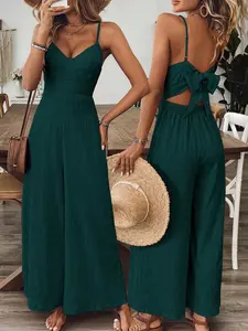 Women's V-Neck Halter Sleeveless Backless Bow Wide Leg Romper, Fit, Womenswear, Deep, Spring Summer Thin Strap Casual Vacation, Comfortable & Stylish Design