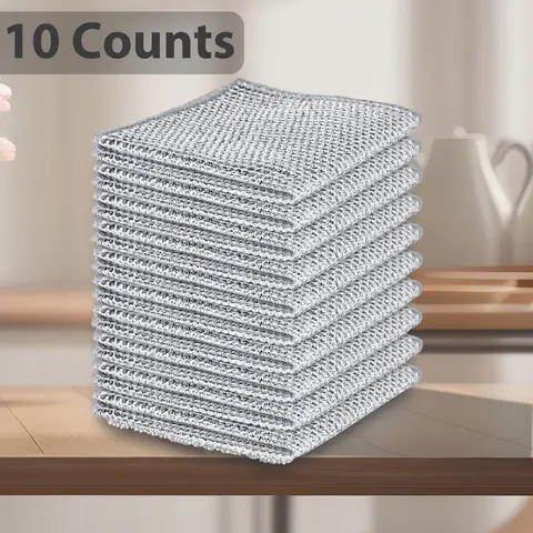 10 Counts Dishwashing Rags, Multipurpose Non-Scratch Wire Dishcloths for Kitchen Cleaning,  Sinks, Pots, Wet and Dry Use, Reusable Wire Cleaning Cloths for Kitchen,and Pans Silver Removable & Washable