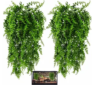 HERCOCCI 2 Pack Reptile Plants, Terrarium Hanging Plants Vines Artificial Leaves Habitat Decorations with Suction Cup for Bearded Dragon Hermit Crab Lizard Snake Geckos Chameleon