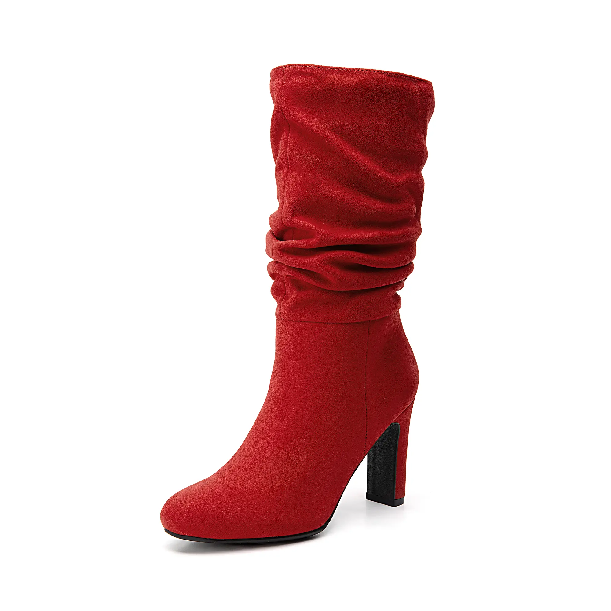 Dream Pairs Women's Faux Suede Slouch Boots, Dressy Mid-Calf High Heel, Pull-On Almond Toe Footwear for Fall Winter, Shoe, Slip On, Vegan Leather, Tpr Outsole, 3.54" Heel, Durable & Stable, Leather & Faux Leather