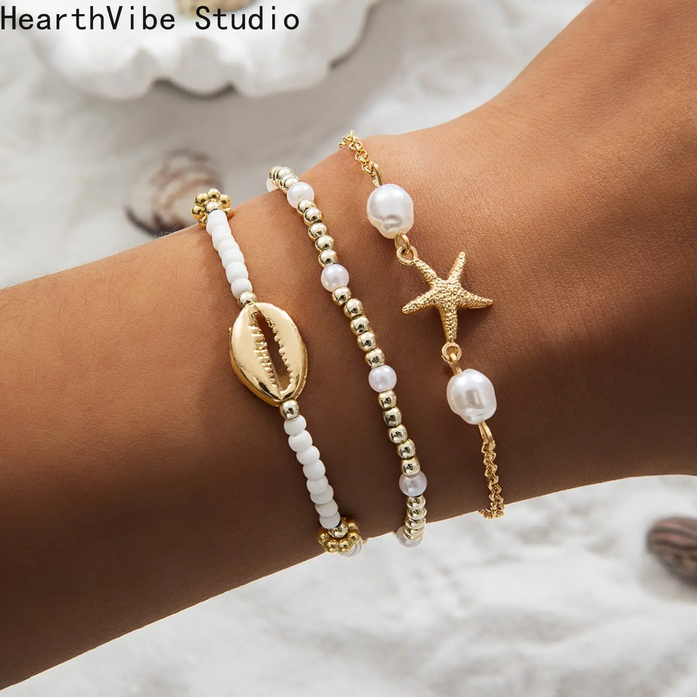 Women's Handmade Beaded Stackable Sports Wristbands Set - Starfish Motif, Shell Accent, Korean Rice Beads, Cute Jewelry, Daily & Beach Wear Accessory, Stackable Bracelets, Pretty Bracelet, Coastal, Korean Beads
