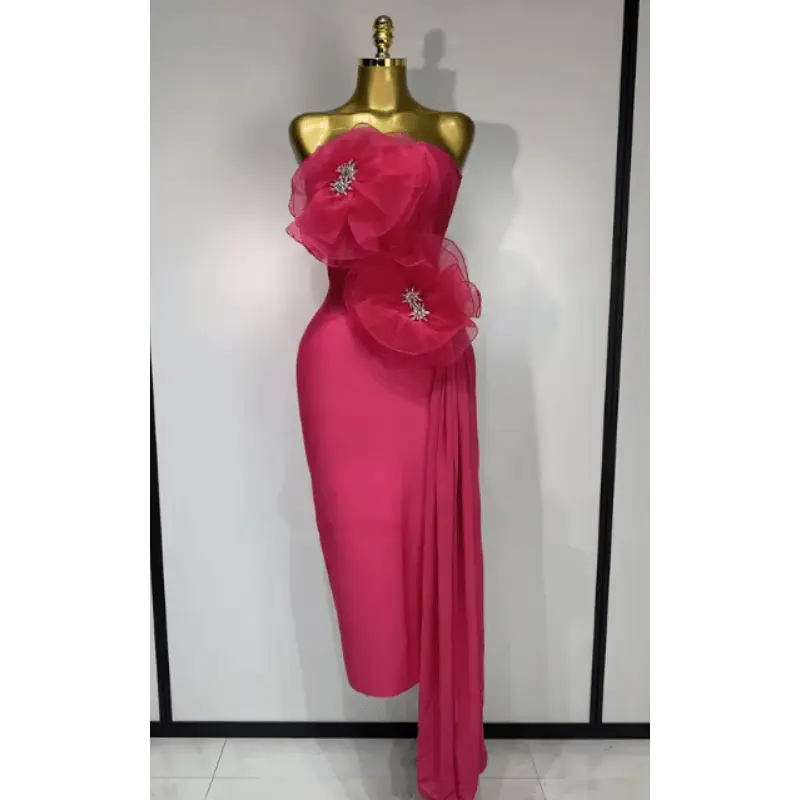 Women's Strapless Bandage Bodycon Midi Dress with Crystal Flower Embellishments, Shimmering Formal Wear for Cocktail Parties, Sleeveless, Mid-Length, Lady, Flower Accents, Elegant, Fit, Curve-Enhancing, Soft, Shimmery Fabric, Structured, Birthday