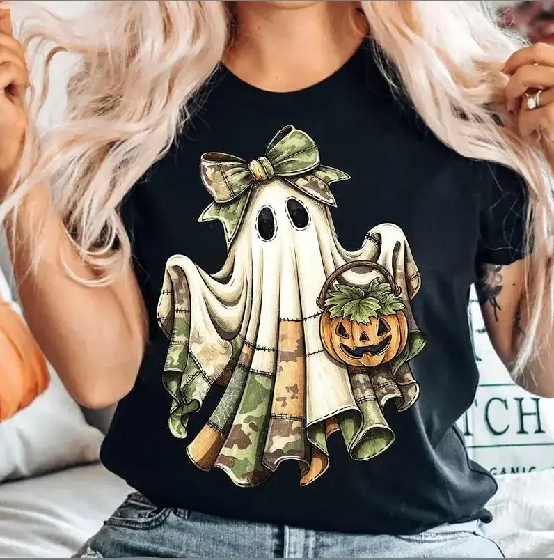Comfort Color Retro Camo Patchwork Ghost Halloween T-shirt, Cute Green Bow Boo Ghost Shirt, Fall Pumpkin Graphic, Vintage Spooky Halloween Gift