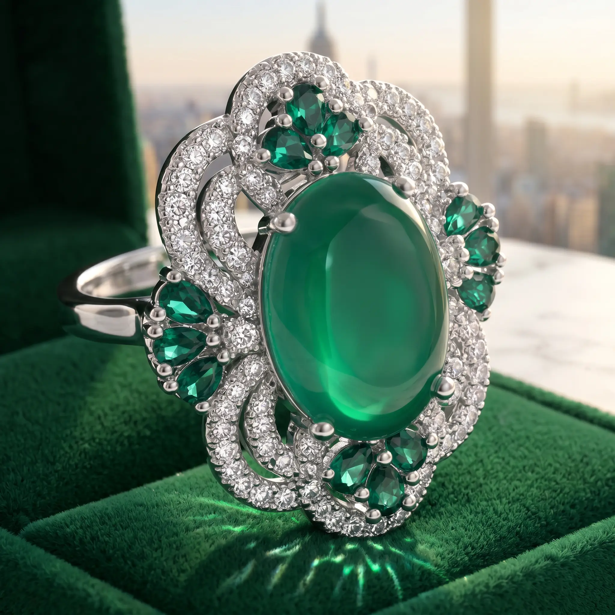 Women's 925 Sterling Silver Victorian Cabochon Green Onyx Statement Ring - Hypoallergenic, Hand-Polished Halo Design, Secure 4-Prong Stone Setting, Silky Light Transmission Vintage Party Jewelry, Cocktail, Female, Secure Four-Prong Stone Setting, Smooth P