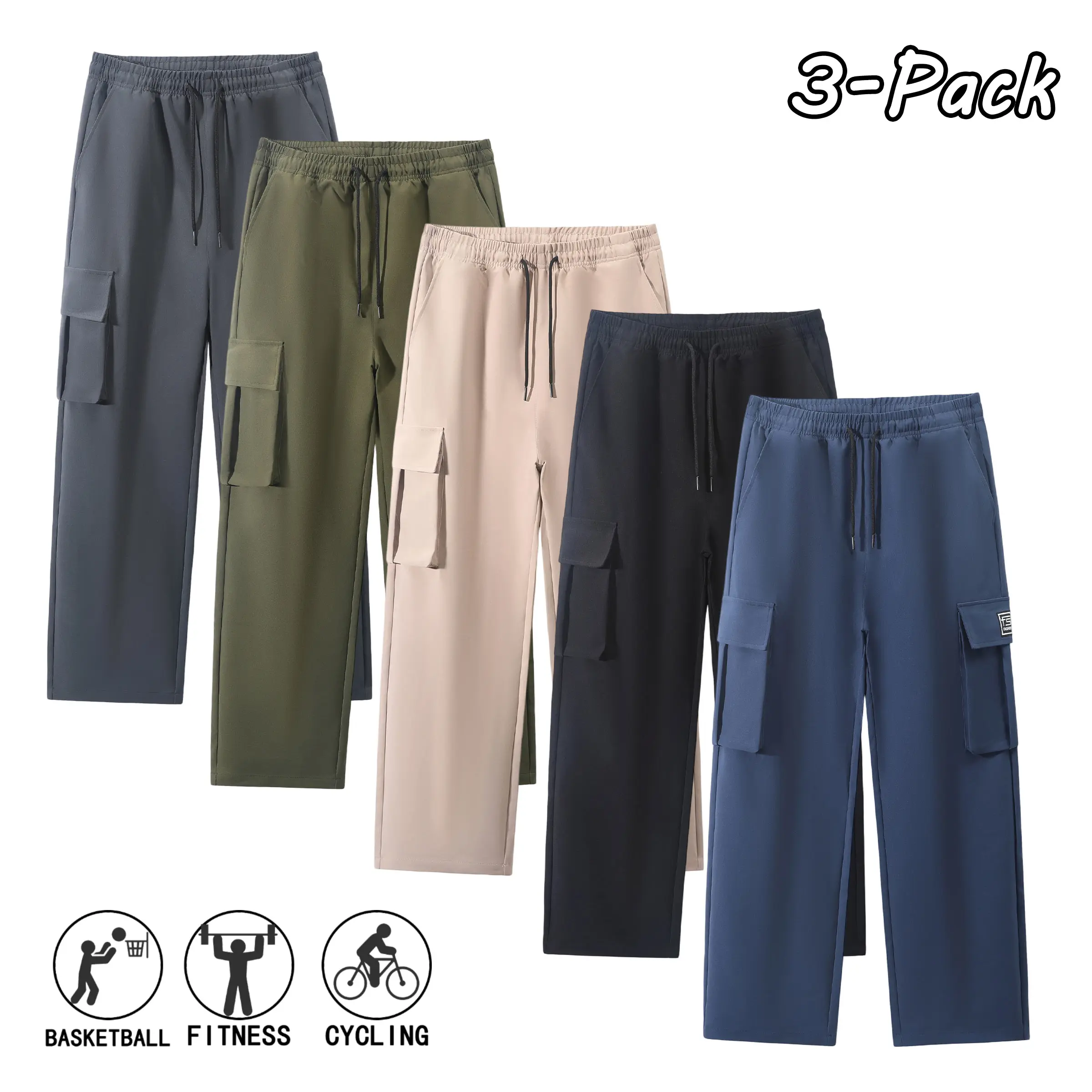 Men's 3-Pack Solid-Color Casual Cargo Pants, Menswear Loose Straight-Leg Drawstring Long Pants with Stylish Side Pockets, 100% Polyester for Spring/Autumn, Suitable for Outdoor Sports & Everyday Wear