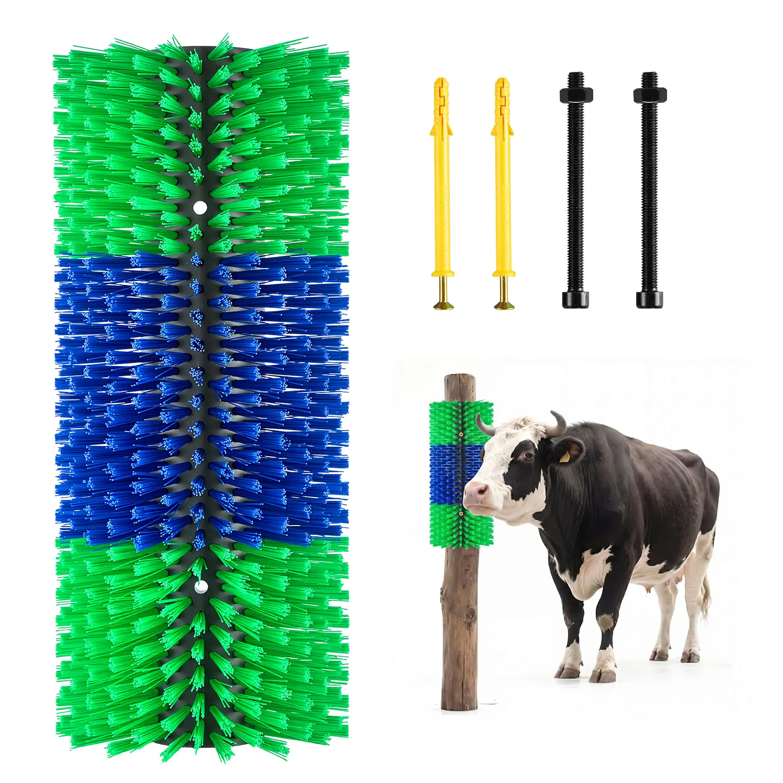 VEVOR Polypropylene Livestock Scratching Brush, 1PC 16.9"x7.5" Goat/Cow Scratcher Post with 4 Mounting Screws, Easy Installation, Dense High-Density Bristles for Back Itch Relief, Horse-Safe Grooming Tool (Green & Blue)