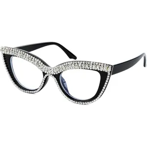 FEISEDY Diamond Blue Light Blocking Glasses Cat Eye Rhinestone Women Oversized Anti Eyestrain Computer Glasses Frame B2358