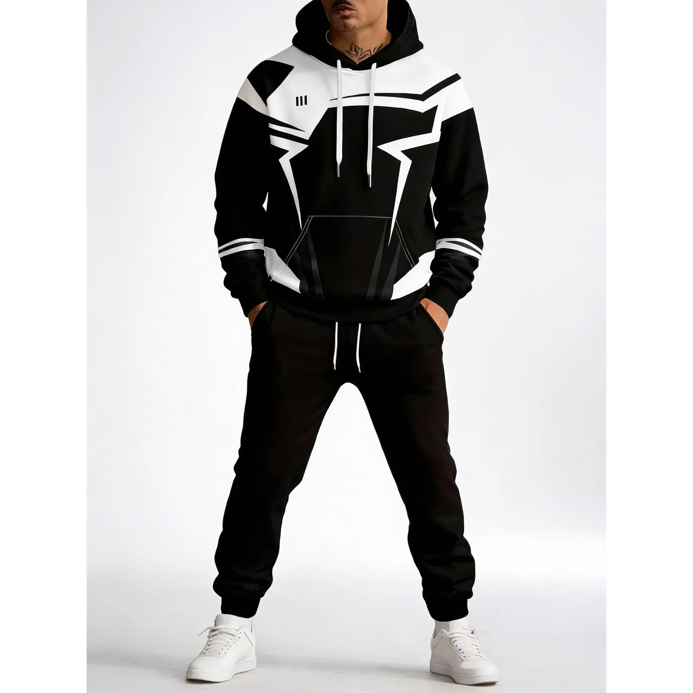 Men's Mecha Geometric Print Hoodie Tracksuit – Black & White Contrast 2-Piece Set