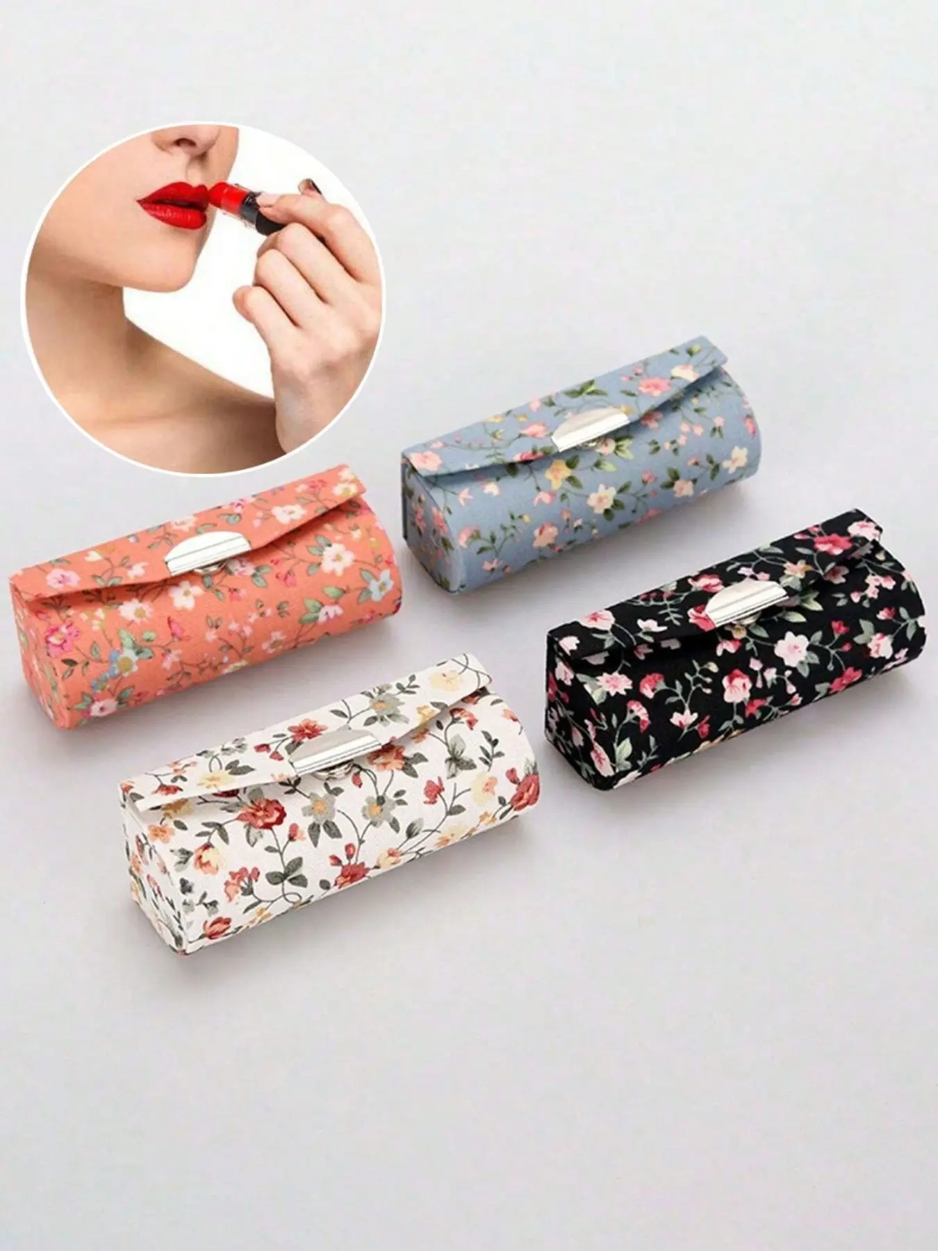 Women's floral lipstick case with mirror, lipstick organizer, cosmetic storage set, vintage floral pattern lipstick case, cosmetic organization and storage, suitable for daily use, elegant foldable design, available in multiple colors, Cosmetic Pouch