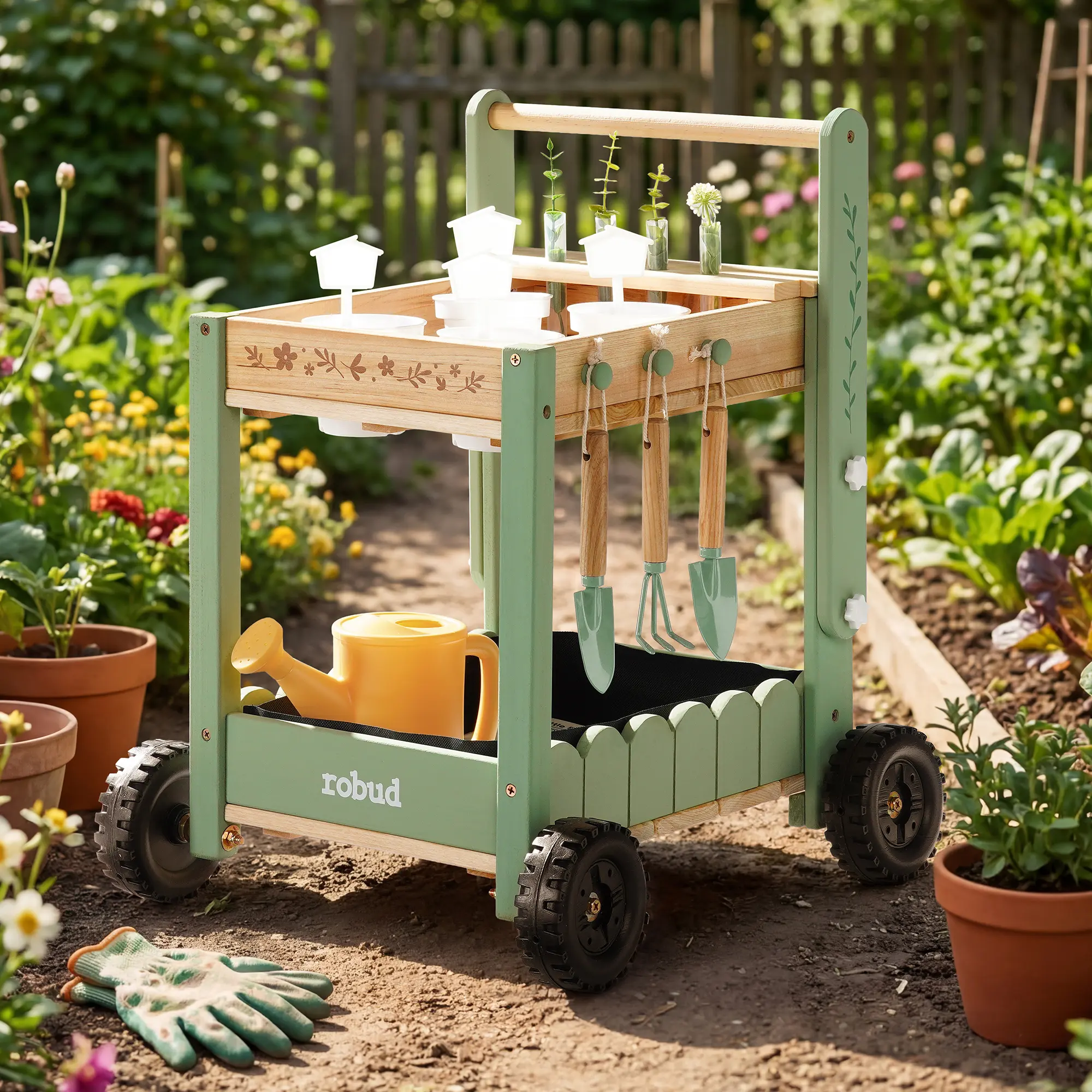 ROBUD Kids Gardening Set with Wooden Trolley, Kids Gardening Tools Set with 2-Tier Wooden Cart Wheelbarrow, Toddler Gardening Set with Watering Can, Shovel, Rake & Plant Labels, Outdoor Backyard Garden Toys for Boys, Green/Pink