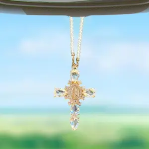 Rhinestone Decorated Cross Pendant Car Hanging Ornament, 1 Count Car Rearview Mirror Hanging Decoration, Car Interior Decoration Accessories, Car Trinkets