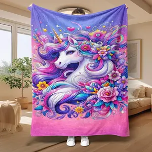 Unicorn Pattern Blanket, Soft Comfortable Throw Blanket, Warm Napping Blanket for Home Office Travel Camping, Bedroom Refresh Decor, Fluffy Blanket