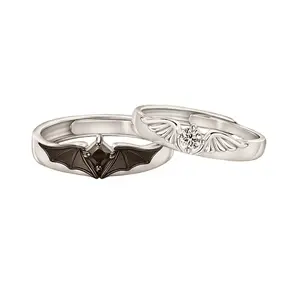 Silver Plated Adjustable Couple Ring Set Devil Bat Wing & Angel Wing Cubic Zircon Matching Promise Rings Gothic Punk His Hers Wedding Band Jewelry Gift For Couples