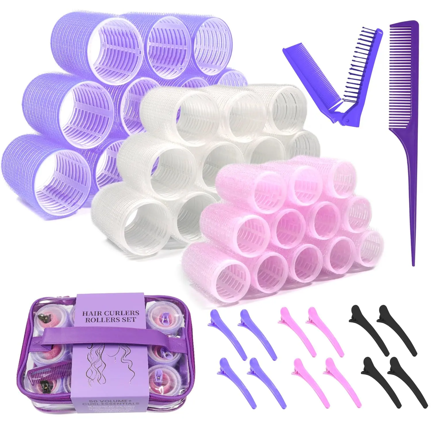 Women's Vintage Heatless Hair Rollers Set (50PCS) - 36PC Large/Medium Curlers, 12 Clips, Tail Comb, Folding Comb, Damage-Free Hair Styling Tool for Blowout Looks, Haircare Product with Storage Compatibility, Thoughtful Gift